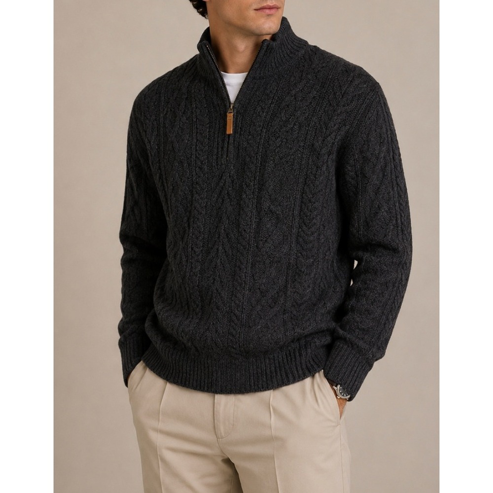 Aran Mor Mens Quarter Zip Cable Knit Sweater 100% Merino Wool Grey Ireland M